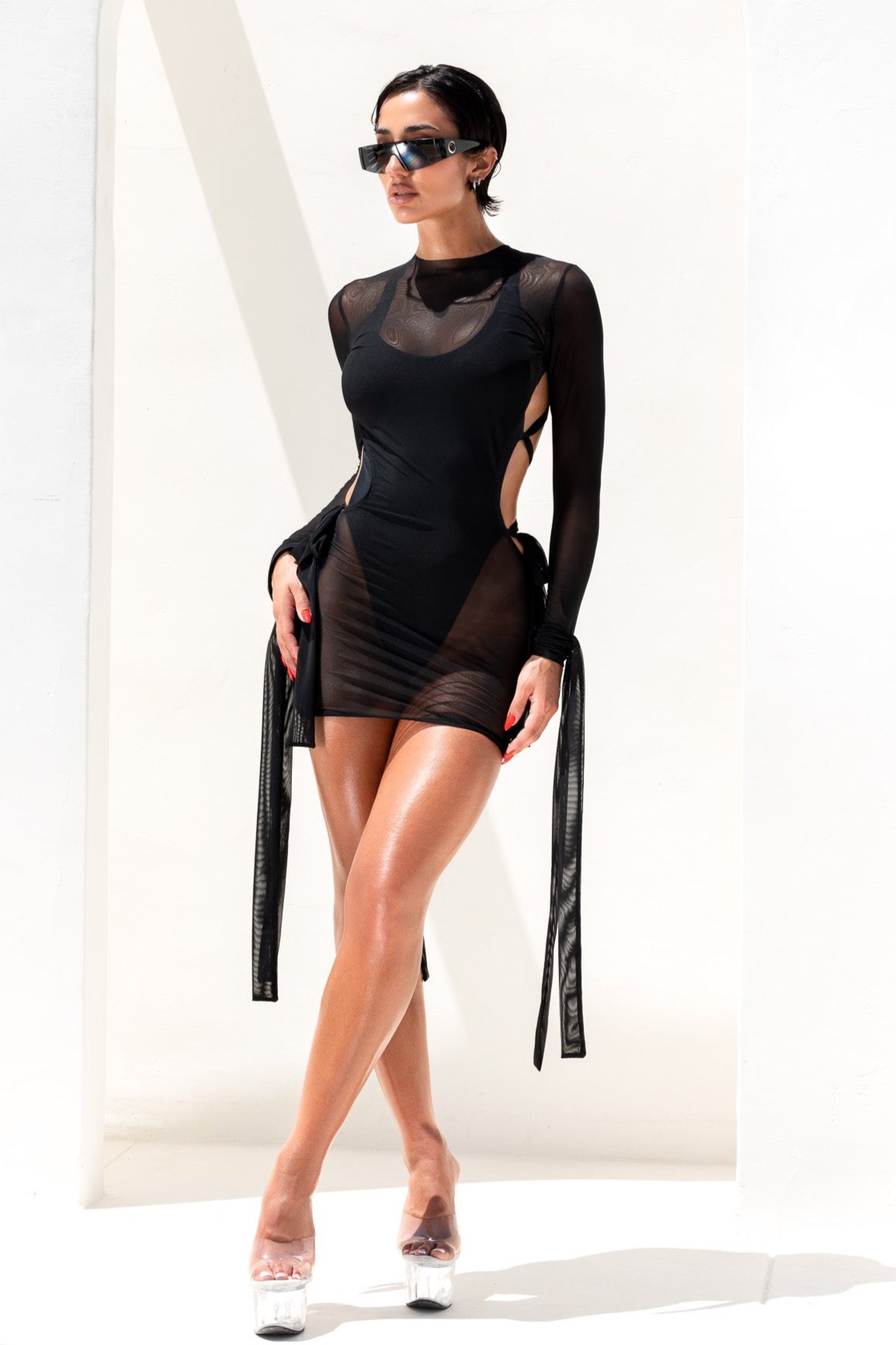Lexi Long-Sleeve Mesh Cover Up Dress in Black | LIPS + HONEY Lexi Long-Sleeve Mesh Cover Up Dress in Black | LIPS + HONEY