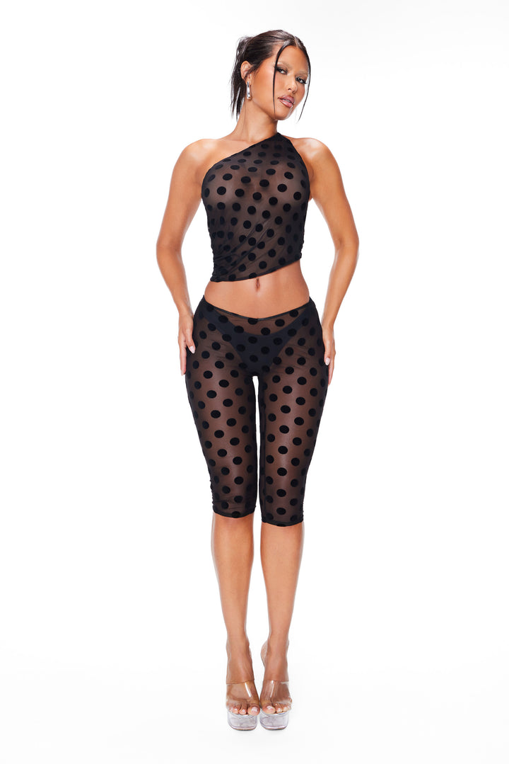 Bella Mesh Top — Black Polka Dot