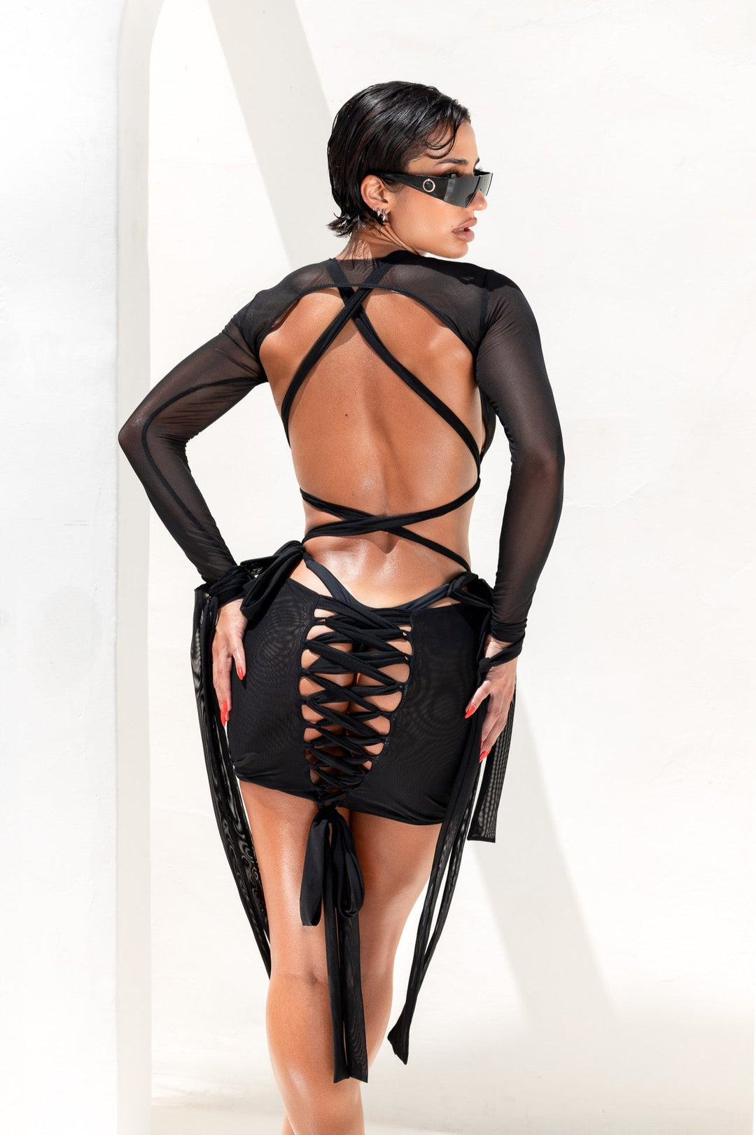 latex mesh dress Lexi Long-Sleeve Mesh Cover Up Dress in Black